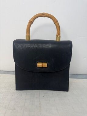 Lord & Taylor Classic Black Leather Top-Handle Bag with Bamboo Accents
